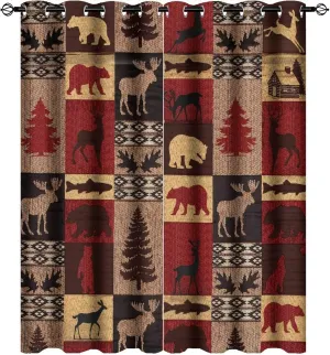 Retro Rustic Bear Deer Room Darkening Blackout Window Curtains with Grommets,Farmhouse Cabin Bear Moose Red Black Check Plaid Energy Efficient Window Treatment for Living Room 2 Panels 45L x 21W