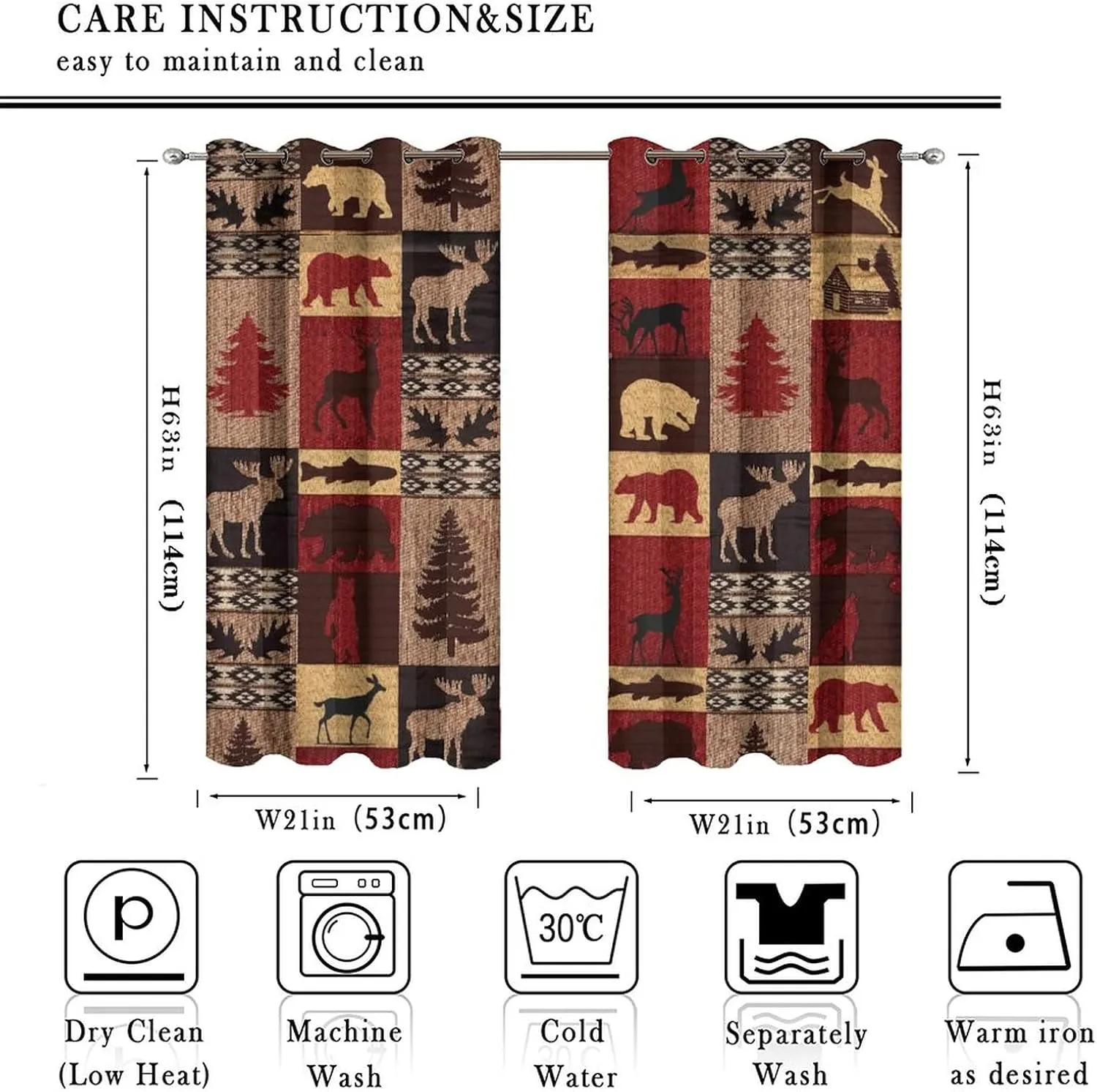 Retro Rustic Bear Deer Room Darkening Blackout Window Curtains with Grommets,Farmhouse Cabin Bear Moose Red Black Check Plaid Energy Efficient Window Treatment for Living Room 2 Panels 45L x 21W