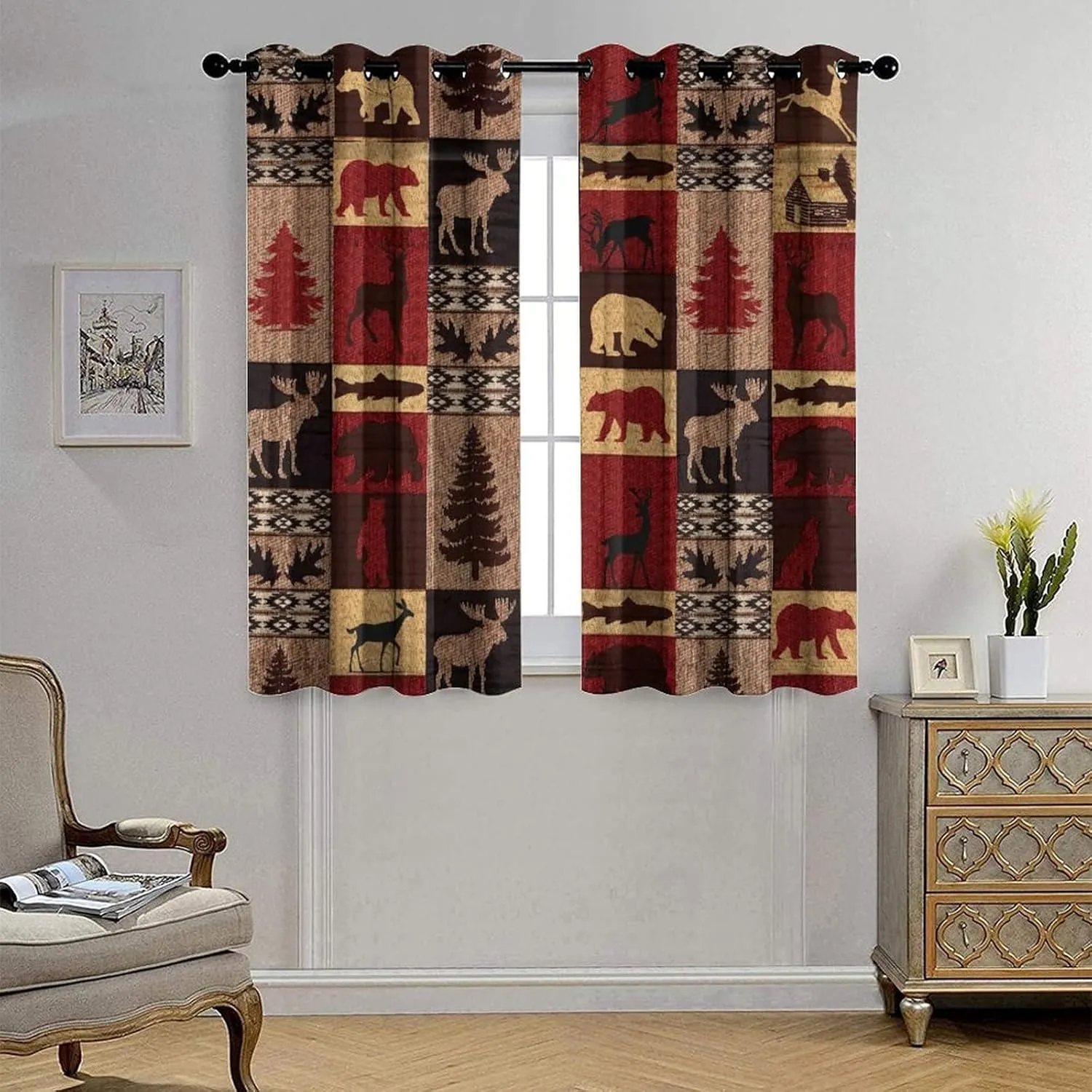 Retro Rustic Bear Deer Room Darkening Blackout Window Curtains with Grommets,Farmhouse Cabin Bear Moose Red Black Check Plaid Energy Efficient Window Treatment for Living Room 2 Panels 45L x 21W
