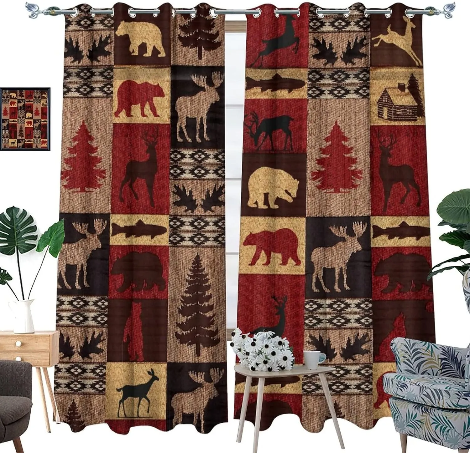 Retro Rustic Bear Deer Room Darkening Blackout Window Curtains with Grommets,Farmhouse Cabin Bear Moose Red Black Check Plaid Energy Efficient Window Treatment for Living Room 2 Panels 45L x 21W