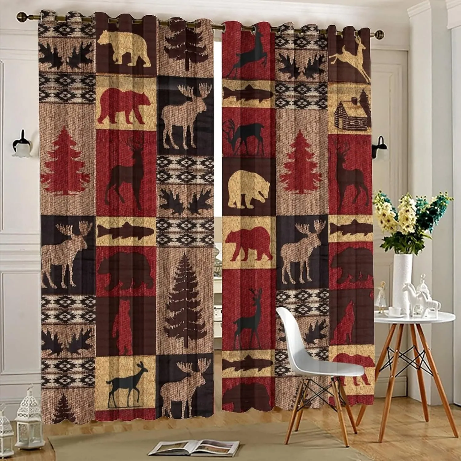 Retro Rustic Bear Deer Room Darkening Blackout Window Curtains with Grommets,Farmhouse Cabin Bear Moose Red Black Check Plaid Energy Efficient Window Treatment for Living Room 2 Panels 45L x 21W