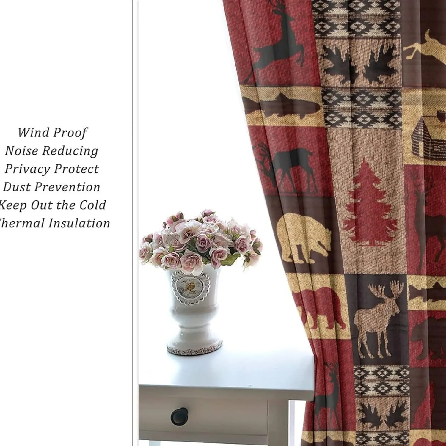 Retro Rustic Bear Deer Room Darkening Blackout Window Curtains with Grommets,Farmhouse Cabin Bear Moose Red Black Check Plaid Energy Efficient Window Treatment for Living Room 2 Panels 45L x 21W