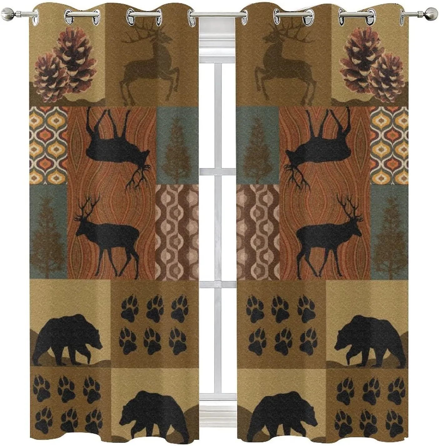 Retro Rustic Style Ultra Soft Premier Blackout Curtains,Deer Bear Leaf Tree Country Style FarmhouseThermal Insulated Bedroom Noise Reducing Patio Door Grommet Top,2 Panels 45L x 21W