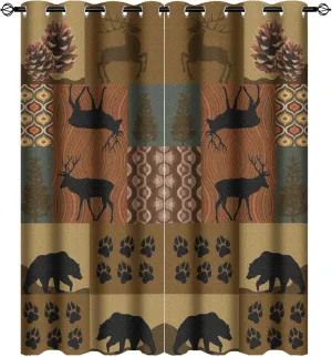 Retro Rustic Style Ultra Soft Premier Blackout Curtains,Deer Bear Leaf Tree Country Style FarmhouseThermal Insulated Bedroom Noise Reducing Patio Door Grommet Top,2 Panels 45L x 21W