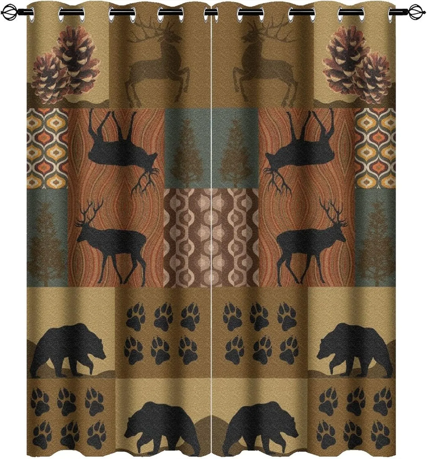 Retro Rustic Style Ultra Soft Premier Blackout Curtains,Deer Bear Leaf Tree Country Style FarmhouseThermal Insulated Bedroom Noise Reducing Patio Door Grommet Top,2 Panels 45L x 21W