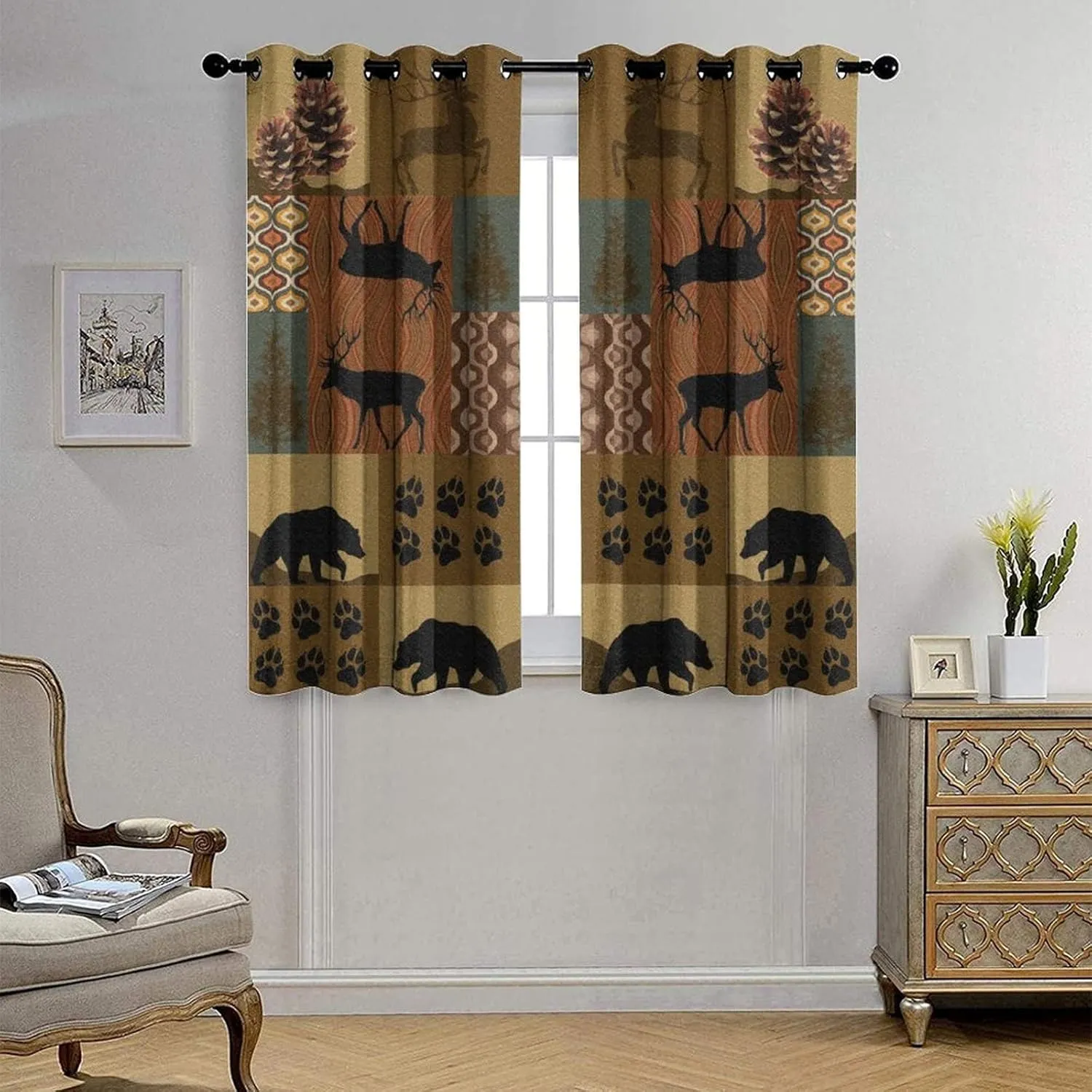 Retro Rustic Style Ultra Soft Premier Blackout Curtains,Deer Bear Leaf Tree Country Style FarmhouseThermal Insulated Bedroom Noise Reducing Patio Door Grommet Top,2 Panels 45L x 21W