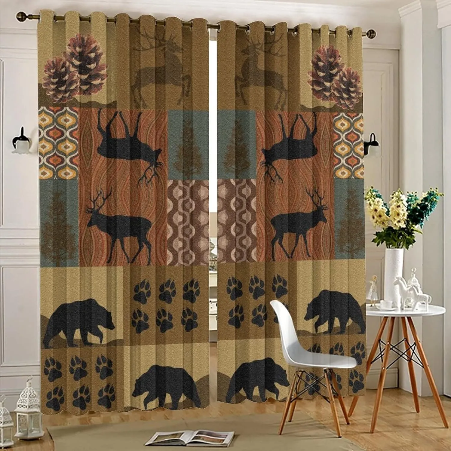 Retro Rustic Style Ultra Soft Premier Blackout Curtains,Deer Bear Leaf Tree Country Style FarmhouseThermal Insulated Bedroom Noise Reducing Patio Door Grommet Top,2 Panels 45L x 21W