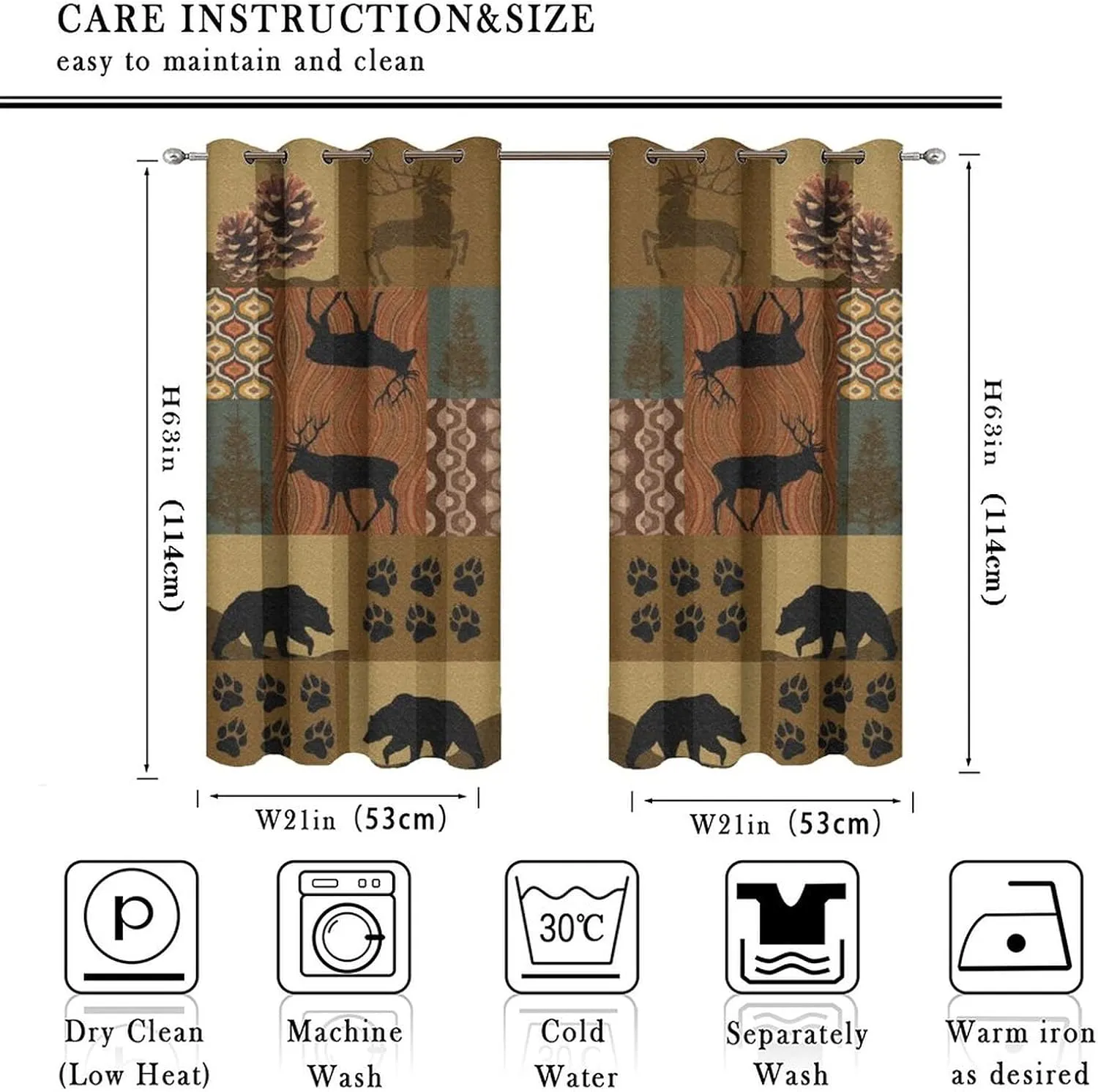Retro Rustic Style Ultra Soft Premier Blackout Curtains,Deer Bear Leaf Tree Country Style FarmhouseThermal Insulated Bedroom Noise Reducing Patio Door Grommet Top,2 Panels 45L x 21W