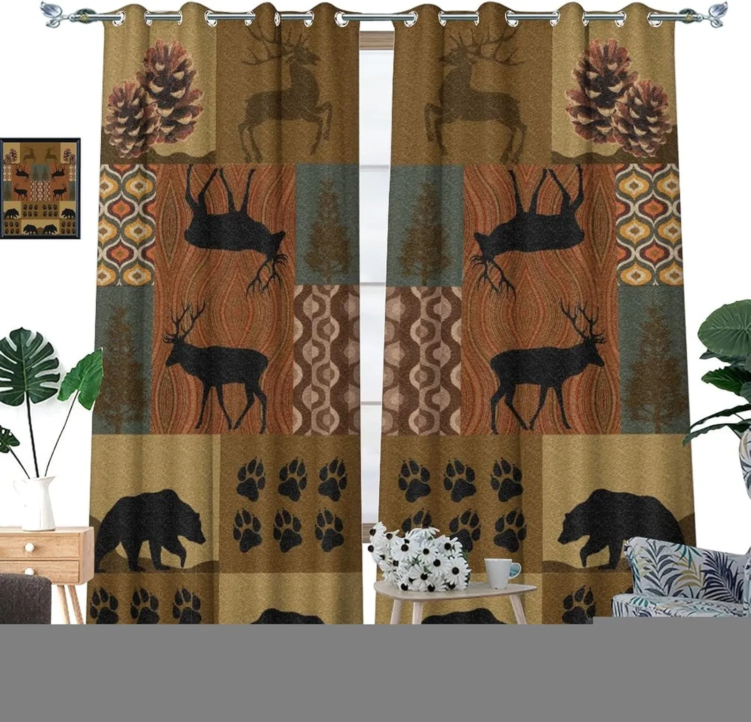 Retro Rustic Style Ultra Soft Premier Blackout Curtains,Deer Bear Leaf Tree Country Style FarmhouseThermal Insulated Bedroom Noise Reducing Patio Door Grommet Top,2 Panels 45L x 21W