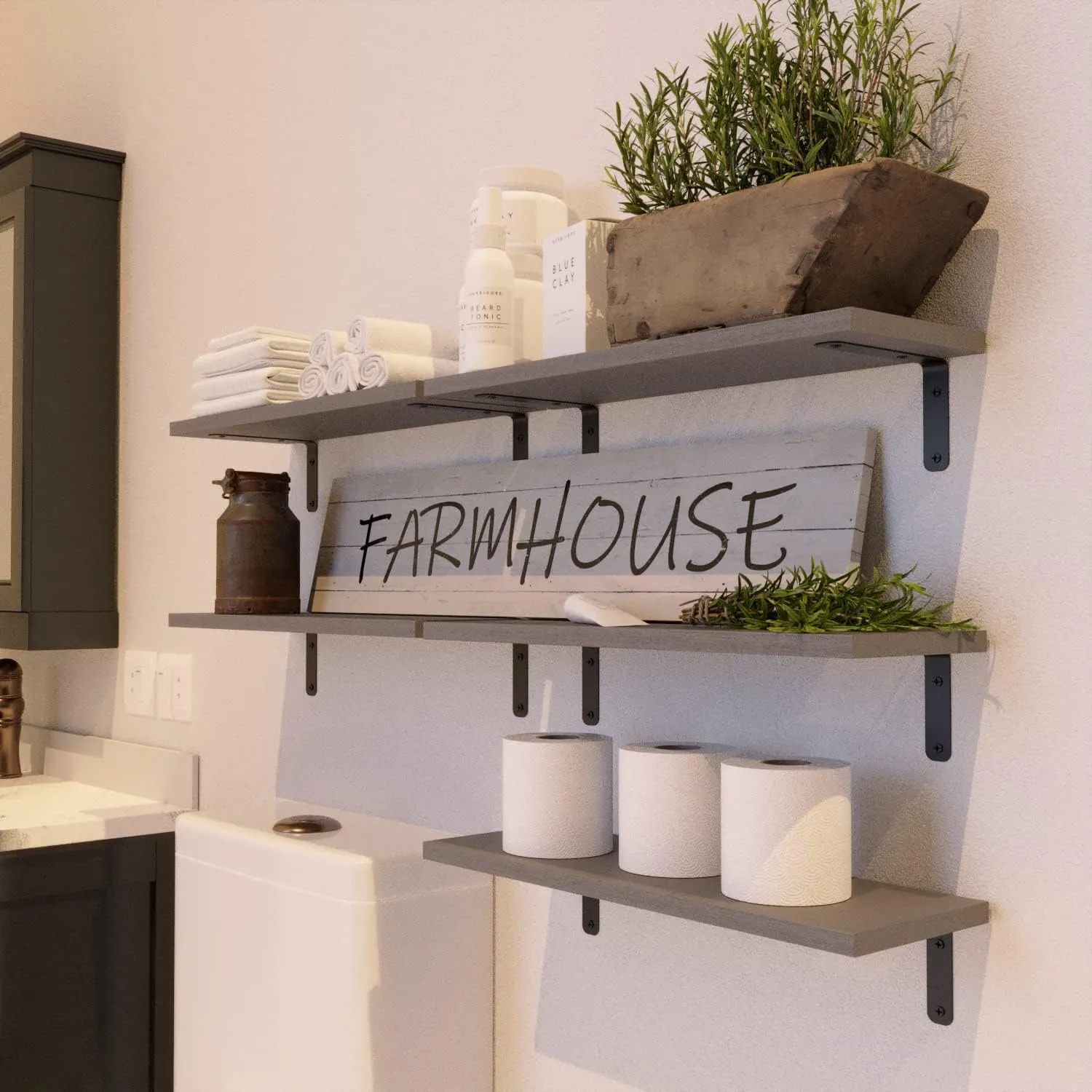 RICHER HOUSE Rustic Wood Bathroom Shelves Set of 5, Farmhouse Style Floating Shelf for Wall Décor, Hanging Shelves for Bedroom, Storage, Kitchen, Living Room - Gray