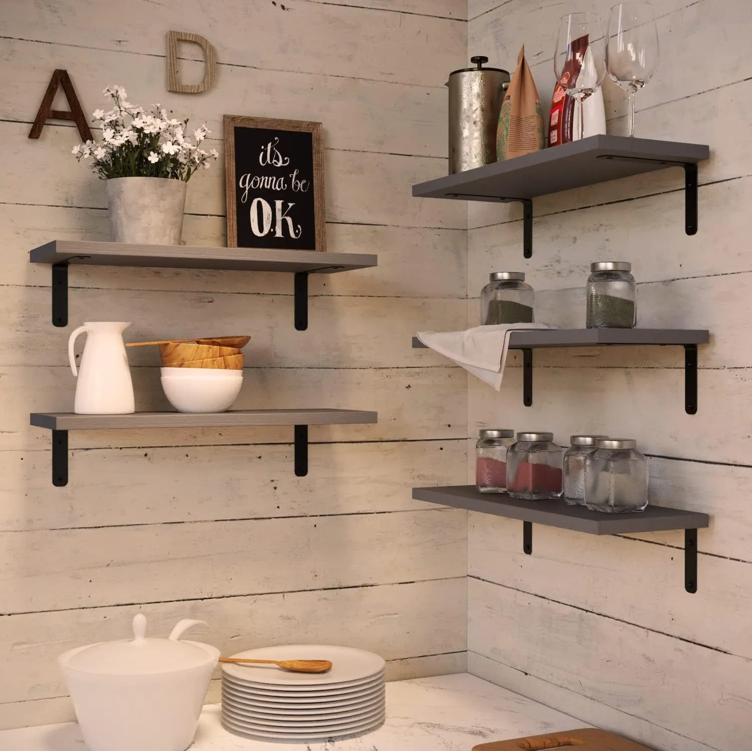 RICHER HOUSE Rustic Wood Bathroom Shelves Set of 5, Farmhouse Style Floating Shelf for Wall Décor, Hanging Shelves for Bedroom, Storage, Kitchen, Living Room - Gray