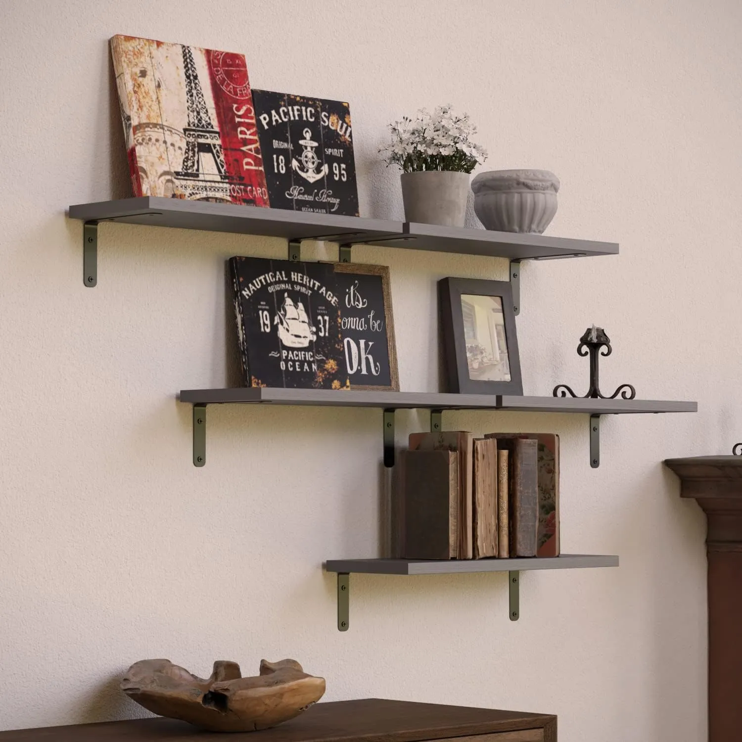 RICHER HOUSE Rustic Wood Bathroom Shelves Set of 5, Farmhouse Style Floating Shelf for Wall Décor, Hanging Shelves for Bedroom, Storage, Kitchen, Living Room - Gray