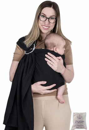 Ring Sling Baby Carrier 100% Cotton Muslin Front and Chest Newborn to Toddler Carrier and Baby Sling (Black)