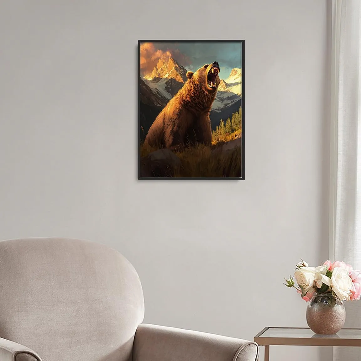 Roaring Grizzly Bear Poster – Bold Wilderness Wildlife Wall Art for Rustic Cabin, Mountain Lodge, Nature Retreat or Adventure Explorer Room Decor 11x14in Black aluminum frame