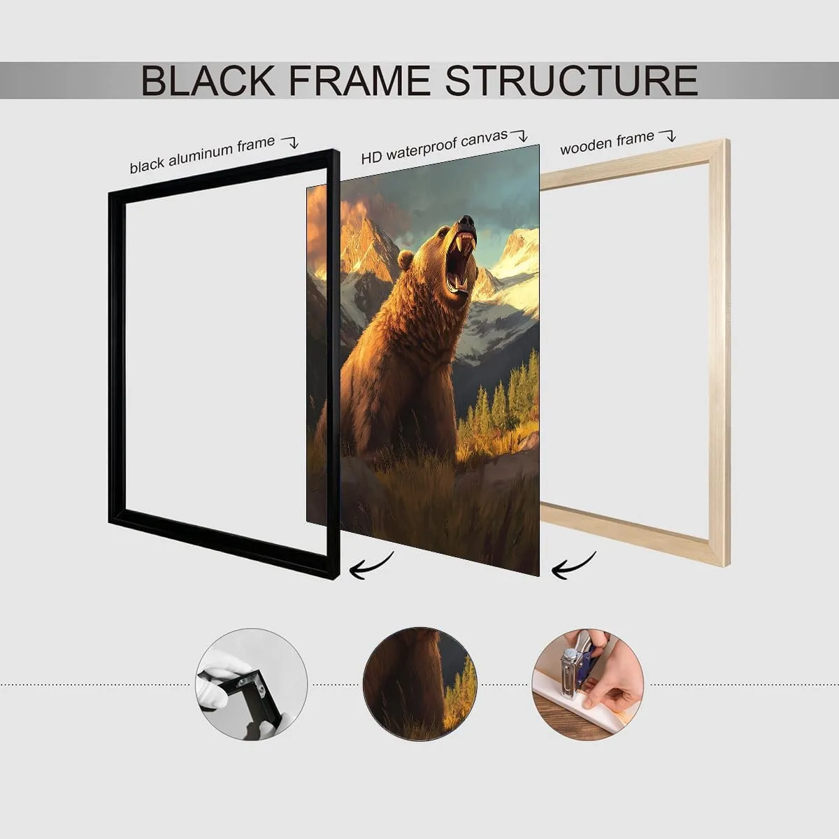 Roaring Grizzly Bear Poster – Bold Wilderness Wildlife Wall Art for Rustic Cabin, Mountain Lodge, Nature Retreat or Adventure Explorer Room Decor 11x14in Black aluminum frame