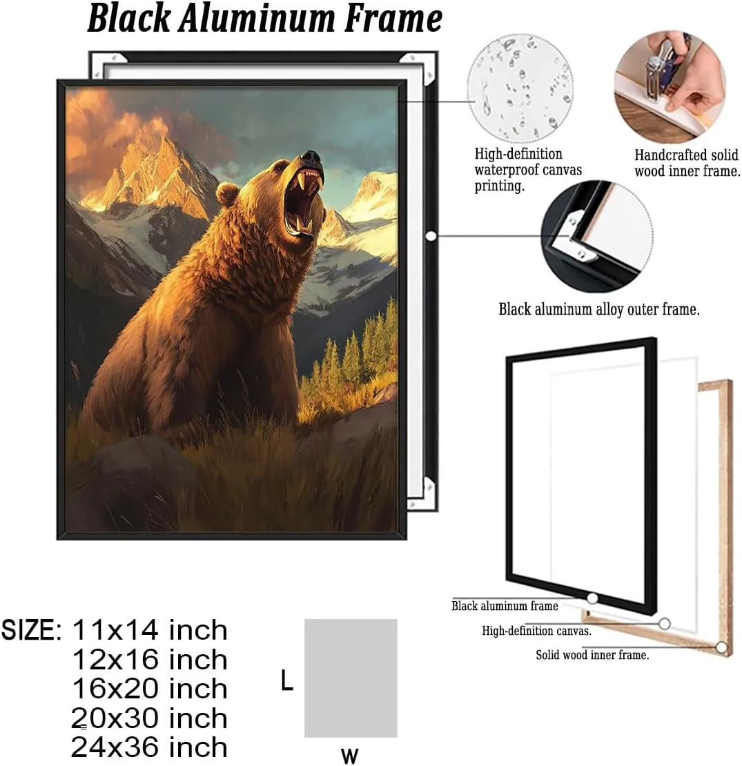 Roaring Grizzly Bear Poster – Bold Wilderness Wildlife Wall Art for Rustic Cabin, Mountain Lodge, Nature Retreat or Adventure Explorer Room Decor 11x14in Black aluminum frame
