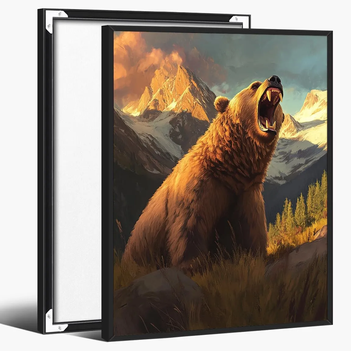 Roaring Grizzly Bear Poster – Bold Wilderness Wildlife Wall Art for Rustic Cabin, Mountain Lodge, Nature Retreat or Adventure Explorer Room Decor 11x14in Black aluminum frame