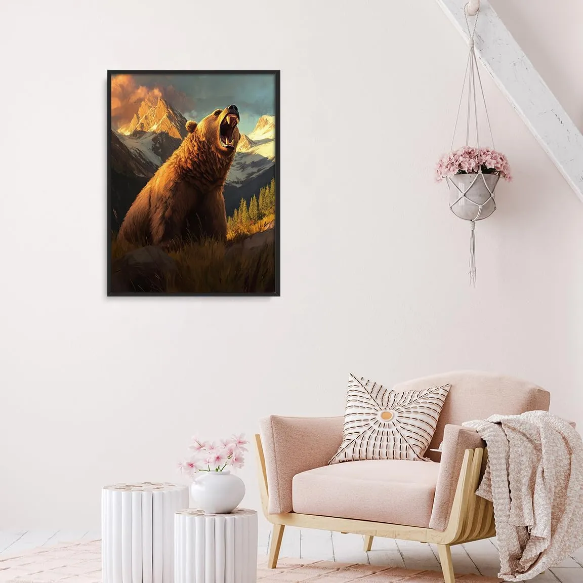 Roaring Grizzly Bear Poster – Bold Wilderness Wildlife Wall Art for Rustic Cabin, Mountain Lodge, Nature Retreat or Adventure Explorer Room Decor 11x14in Black aluminum frame