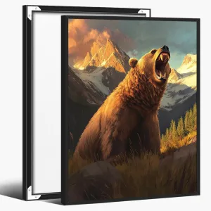 Roaring Grizzly Bear Poster – Bold Wilderness Wildlife Wall Art for Rustic Cabin, Mountain Lodge, Nature Retreat or Adventure Explorer Room Decor 11x14in Black aluminum frame