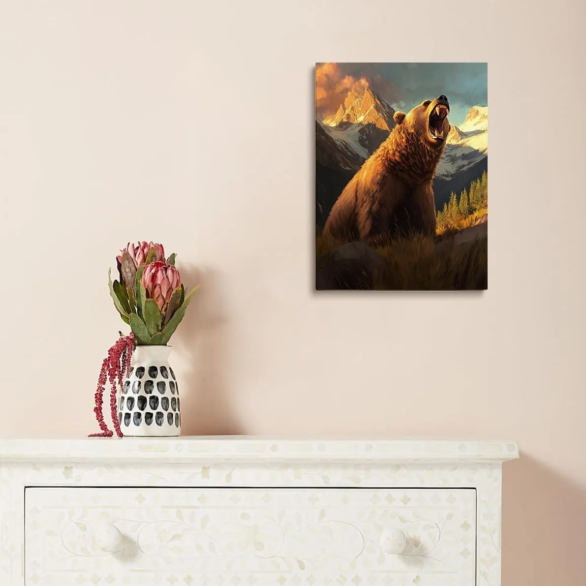 Roaring Grizzly Bear Poster – Bold Wilderness Wildlife Wall Art for Rustic Cabin, Mountain Lodge, Nature Retreat or Adventure Explorer Room Decor 12x16in Frame wall art