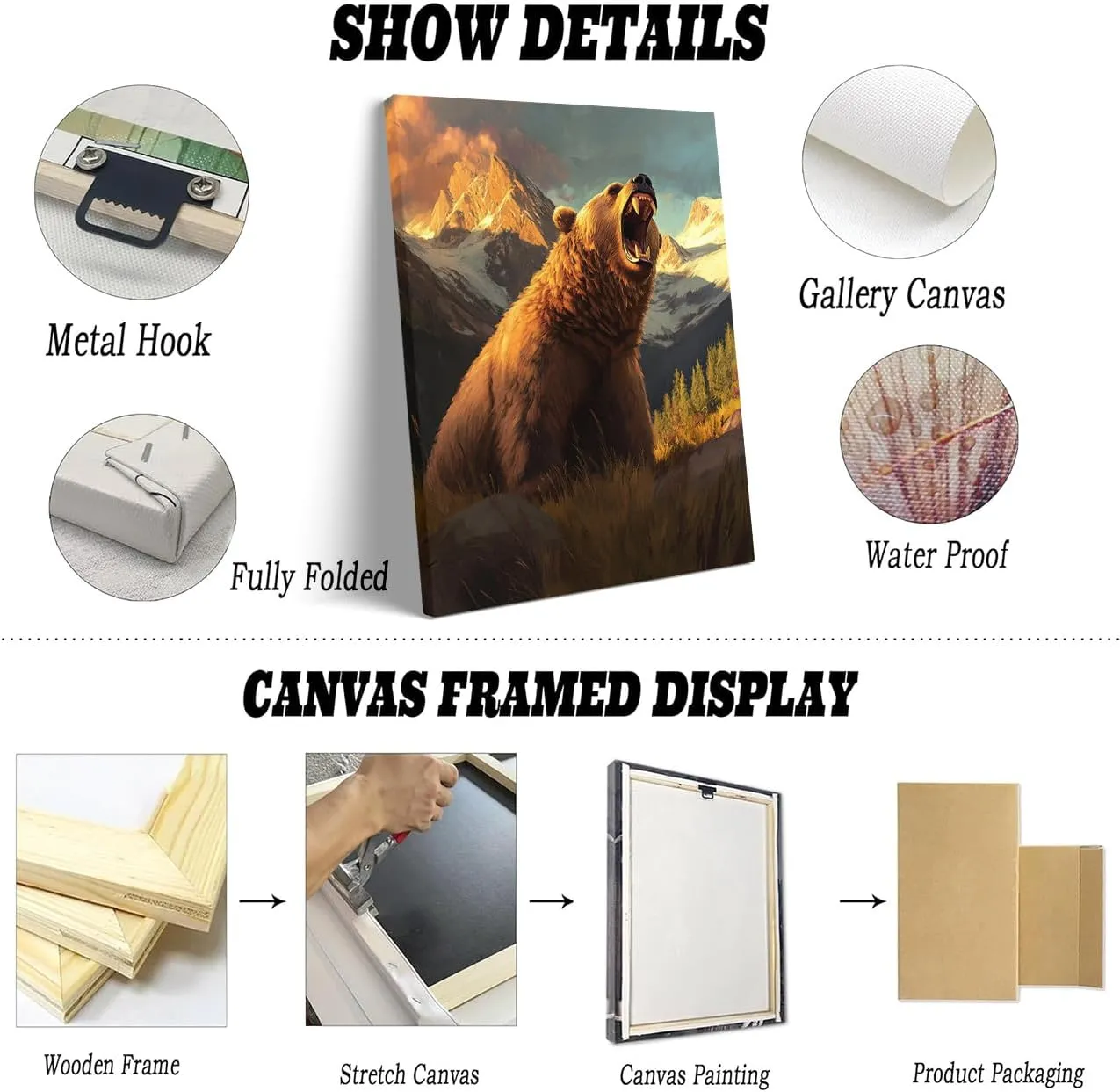 Roaring Grizzly Bear Poster – Bold Wilderness Wildlife Wall Art for Rustic Cabin, Mountain Lodge, Nature Retreat or Adventure Explorer Room Decor 12x16in Frame wall art