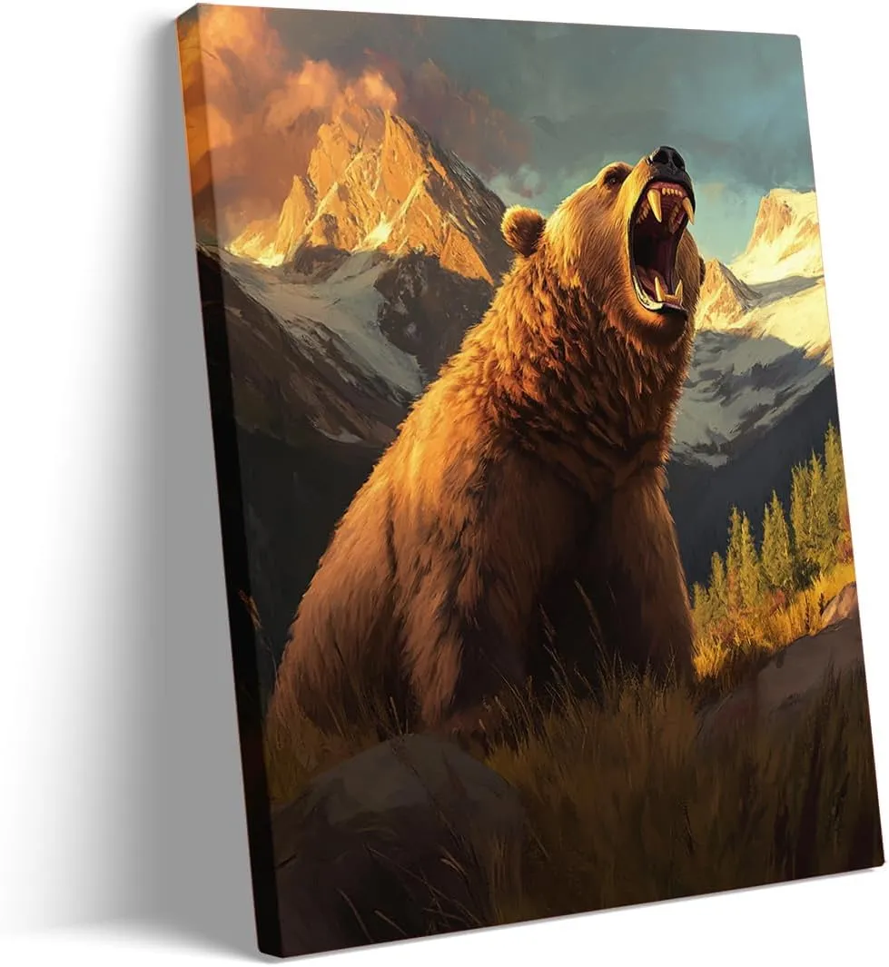 Roaring Grizzly Bear Poster – Bold Wilderness Wildlife Wall Art for Rustic Cabin, Mountain Lodge, Nature Retreat or Adventure Explorer Room Decor 12x16in Frame wall art