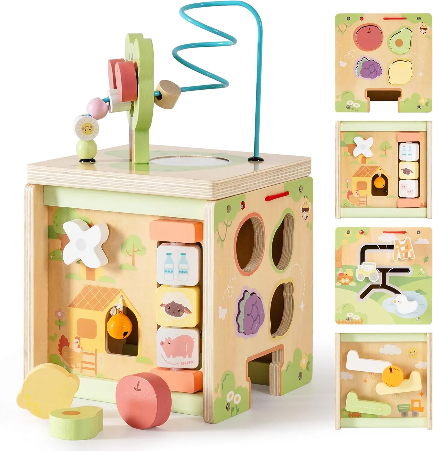 ROBOTIME Wooden Activity Cube with Bear Orchard Theme, 9-in-1 Montessori Toys for 12M  Boys & Girls, Educational Learning Toys for Toddlers Age 1-3, 1st Birthday Gift