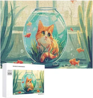 Romantic Cat and Fish Impossible Hard Difficult Puzzle 500 Piece Challenging Puzzles Simple Fashion Jigsaw Puzzles for Adults Kids for Game Home Decor