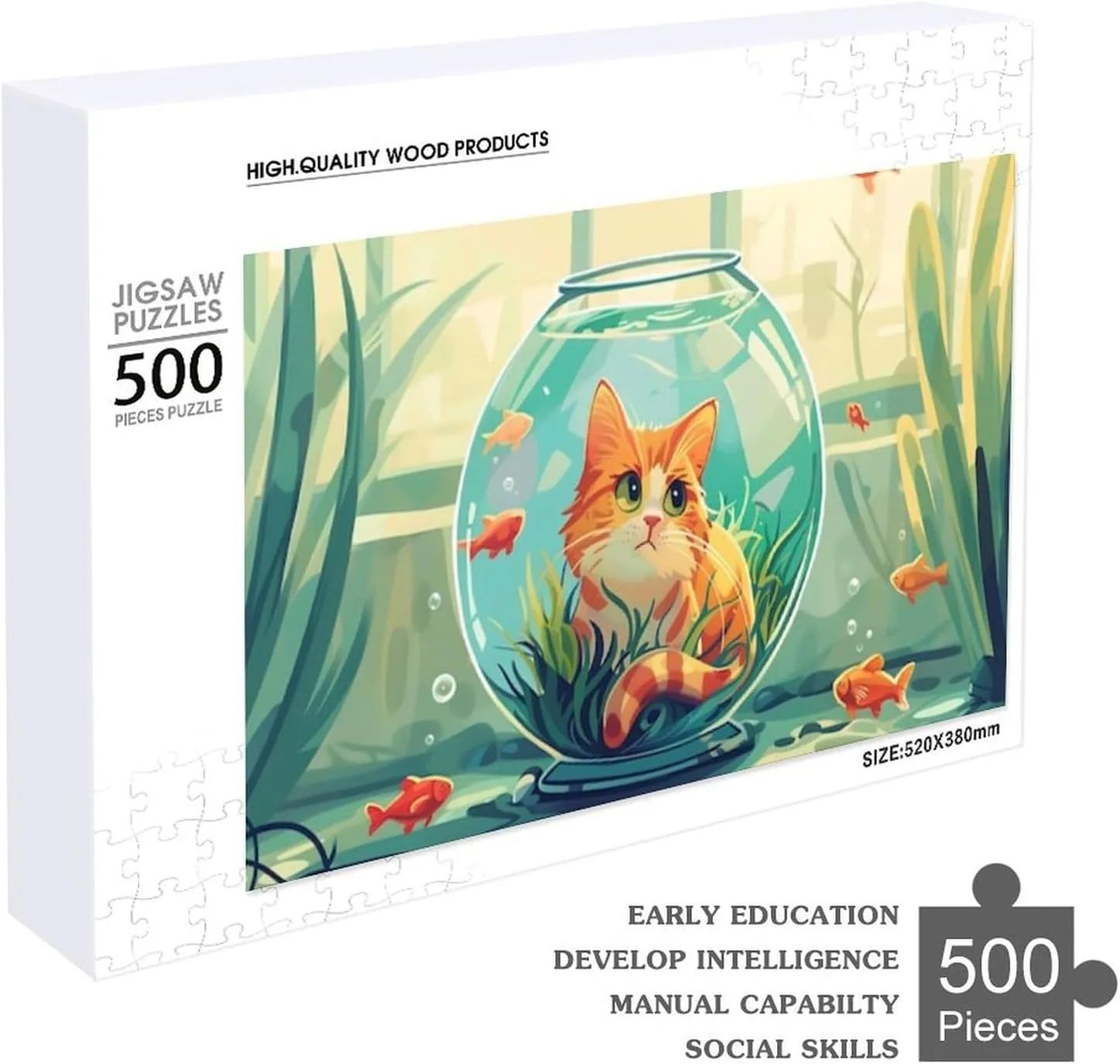 Romantic Cat and Fish Impossible Hard Difficult Puzzle 500 Piece Challenging Puzzles Simple Fashion Jigsaw Puzzles for Adults Kids for Game Home Decor