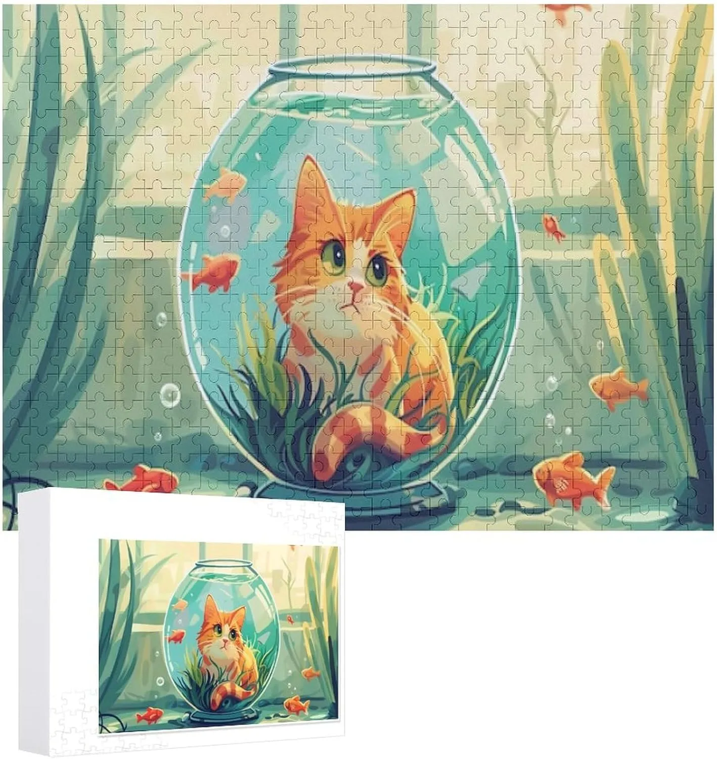 Romantic Cat and Fish Impossible Hard Difficult Puzzle 500 Piece Challenging Puzzles Simple Fashion Jigsaw Puzzles for Adults Kids for Game Home Decor