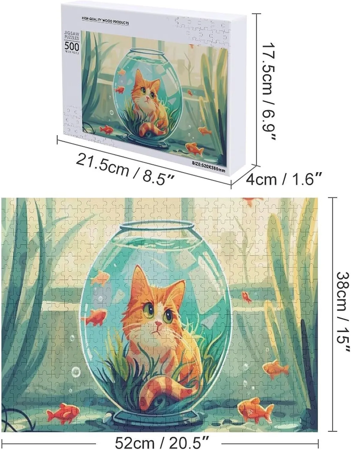Romantic Cat and Fish Impossible Hard Difficult Puzzle 500 Piece Challenging Puzzles Simple Fashion Jigsaw Puzzles for Adults Kids for Game Home Decor