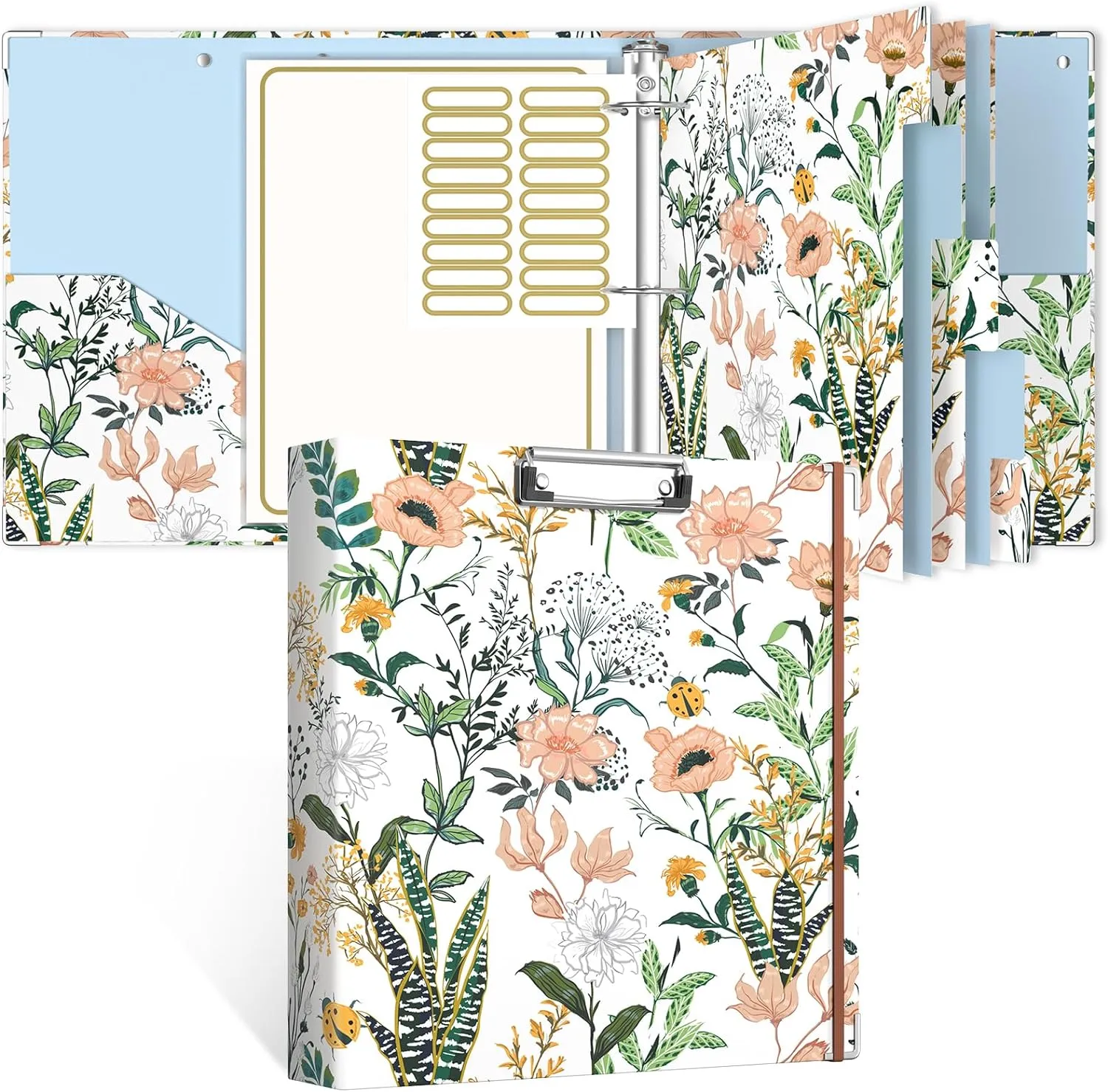 Rouidr 3 Ring Binder, 2 Inch Round Ring Binder Organizer with Clipboard, 5 Dividers Tabs, A4 8.5 x 11 Inch Paper & Clear Sleeves for School, Office Supplies, Cute Flower