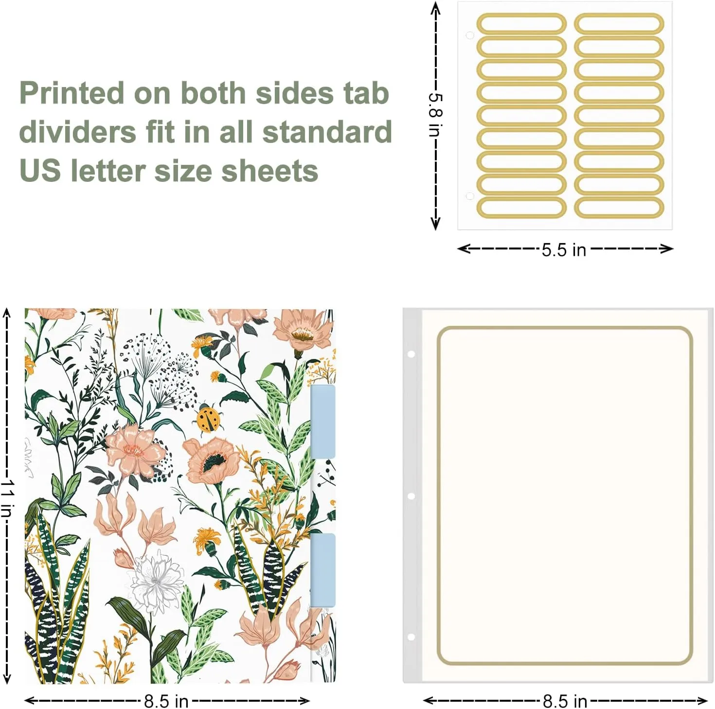 Rouidr 3 Ring Binder, 2 Inch Round Ring Binder Organizer with Clipboard, 5 Dividers Tabs, A4 8.5 x 11 Inch Paper & Clear Sleeves for School, Office Supplies, Cute Flower