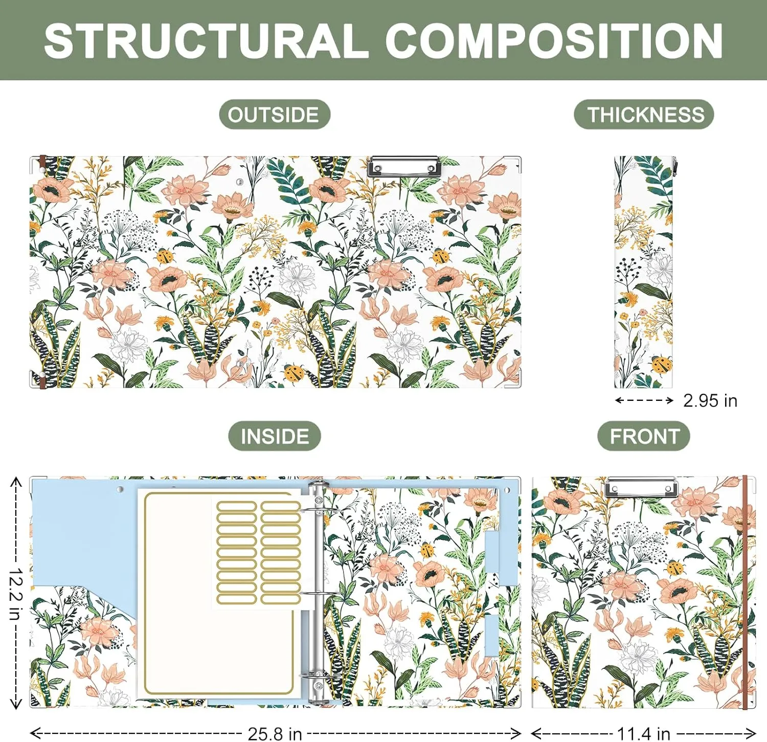 Rouidr 3 Ring Binder, 2 Inch Round Ring Binder Organizer with Clipboard, 5 Dividers Tabs, A4 8.5 x 11 Inch Paper & Clear Sleeves for School, Office Supplies, Cute Flower