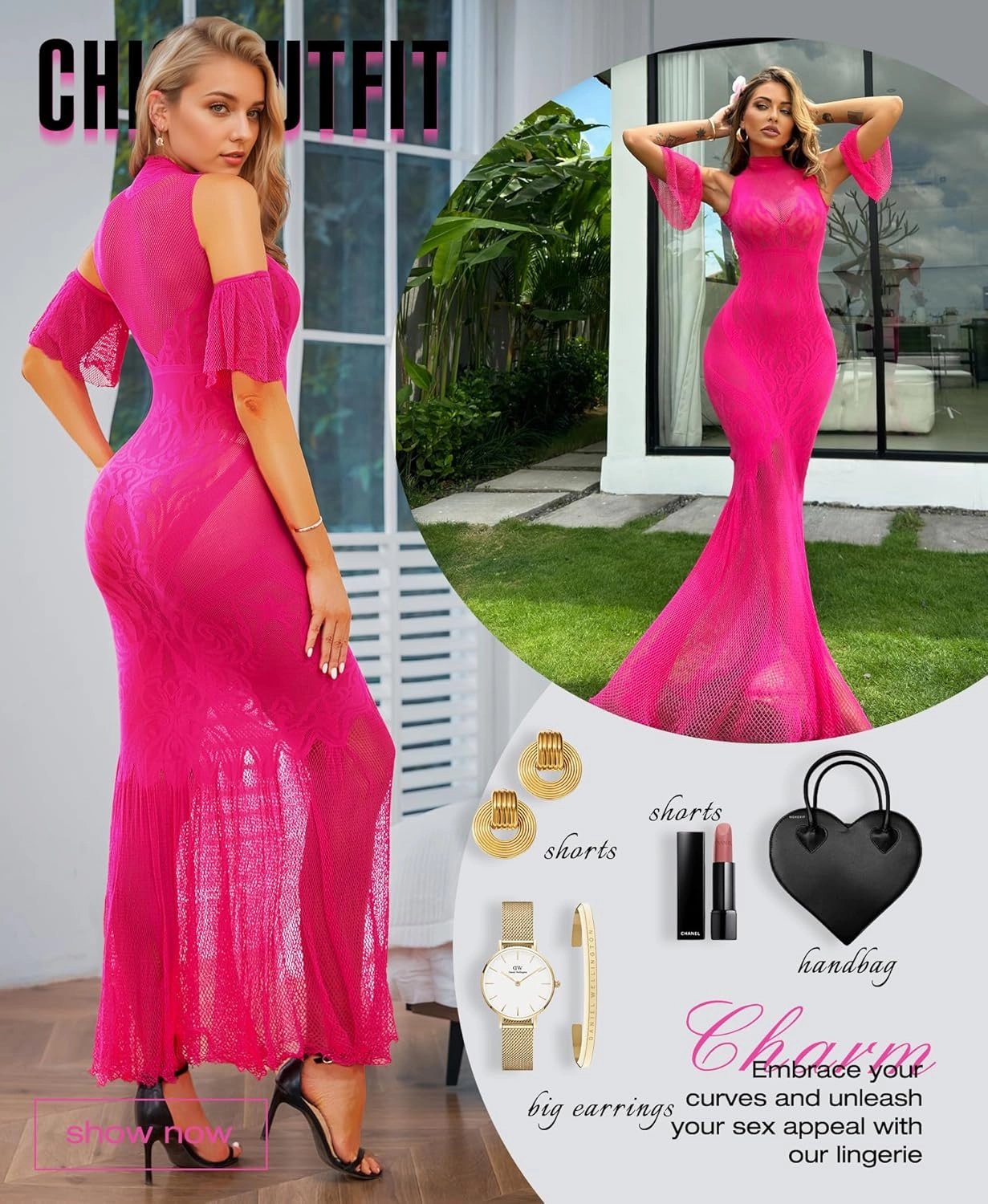 RSLOVE Women Lingerie Sexy Dress - Lace Mesh Sleepwear Maxi Nightgown Exotic Sheer Long Bridal Chemise with Detachable Sleeve