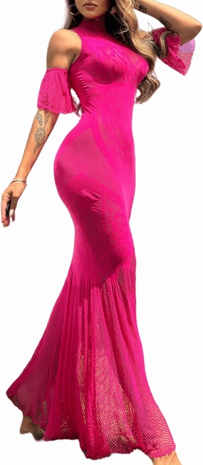 RSLOVE Women Lingerie Sexy Dress - Lace Mesh Sleepwear Maxi Nightgown Exotic Sheer Long Bridal Chemise with Detachable Sleeve