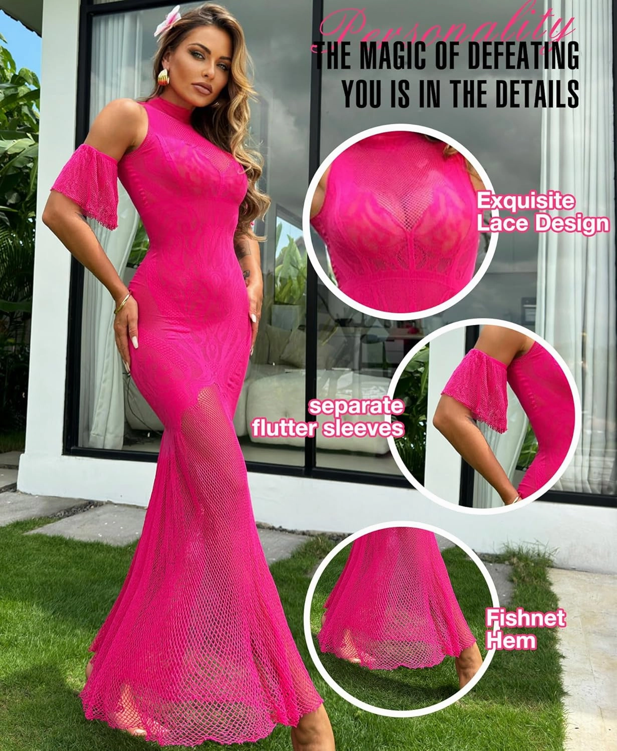 RSLOVE Women Lingerie Sexy Dress - Lace Mesh Sleepwear Maxi Nightgown Exotic Sheer Long Bridal Chemise with Detachable Sleeve
