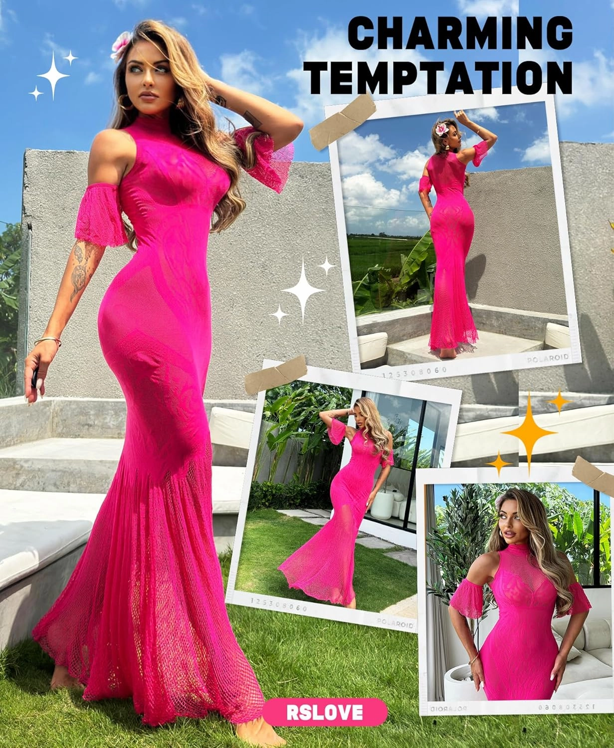 RSLOVE Women Lingerie Sexy Dress - Lace Mesh Sleepwear Maxi Nightgown Exotic Sheer Long Bridal Chemise with Detachable Sleeve