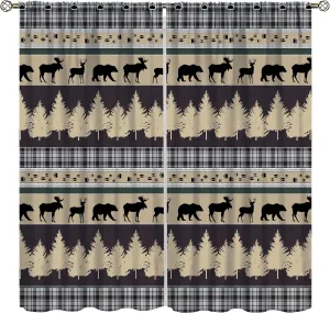 Rustic Bear Deer Curtains,Retro Cabin Country Window Treatments Vintage Tribal Aztec Abstract Geometric Blackout Window Drapes for Bedroom Living Room,42x45in