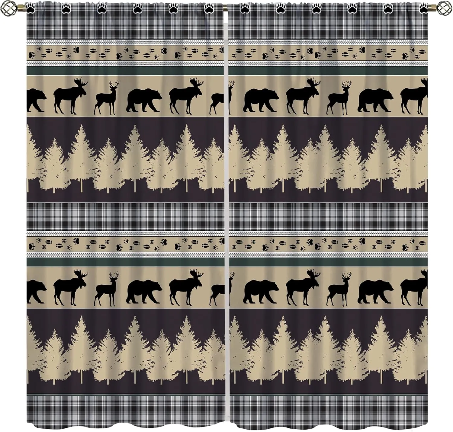Rustic Bear Deer Curtains,Retro Cabin Country Window Treatments Vintage Tribal Aztec Abstract Geometric Blackout Window Drapes for Bedroom Living Room,42x45in