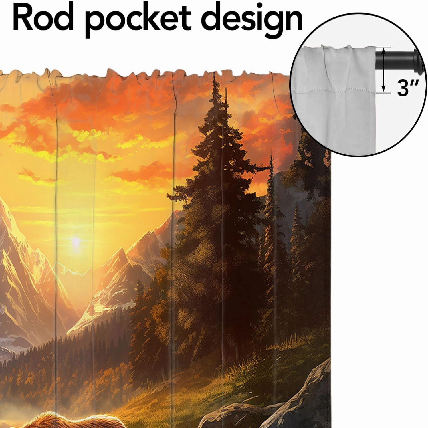 Rustic Cabin Bear Valances Curtains Farmhouse Wild Animal Country Forest Mountain Sunset Light Filtering Valances Rod Pocket Window Treatment for Kitchen 54 x 18 Inch, 2 Panel
