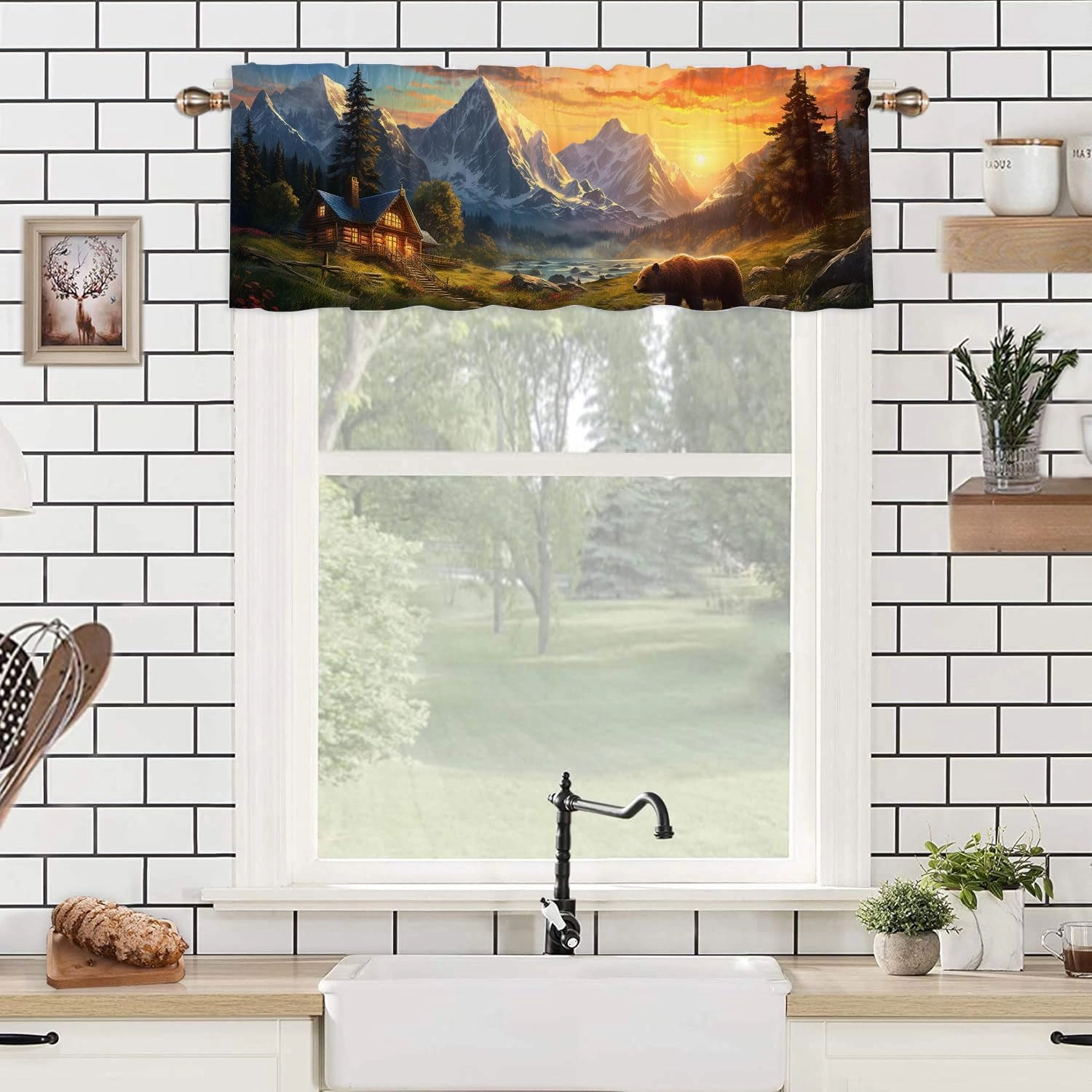 Rustic Cabin Bear Valances Curtains Farmhouse Wild Animal Country Forest Mountain Sunset Light Filtering Valances Rod Pocket Window Treatment for Kitchen 54 x 18 Inch, 2 Panel
