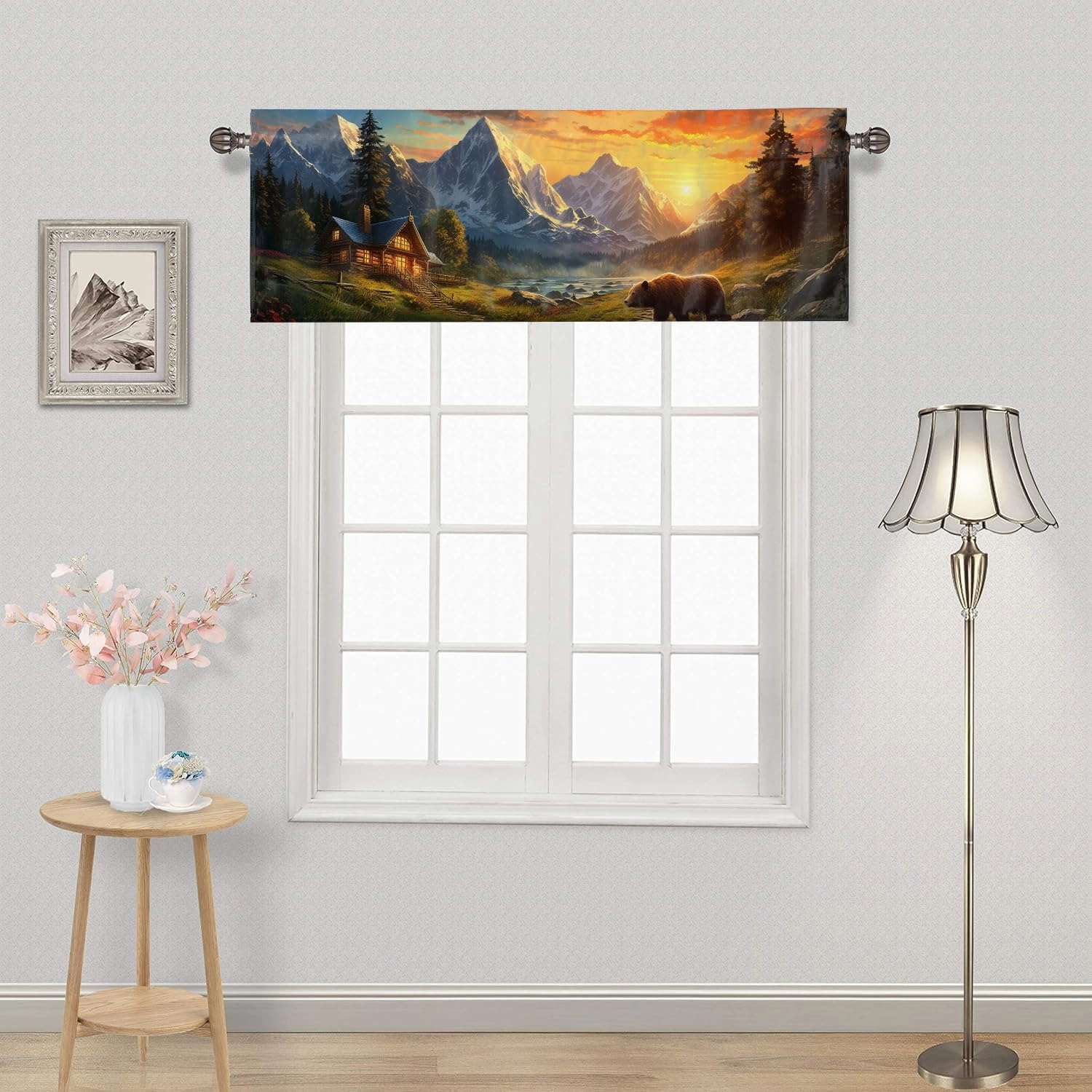 Rustic Cabin Bear Valances Curtains Farmhouse Wild Animal Country Forest Mountain Sunset Light Filtering Valances Rod Pocket Window Treatment for Kitchen 54 x 18 Inch, 2 Panel