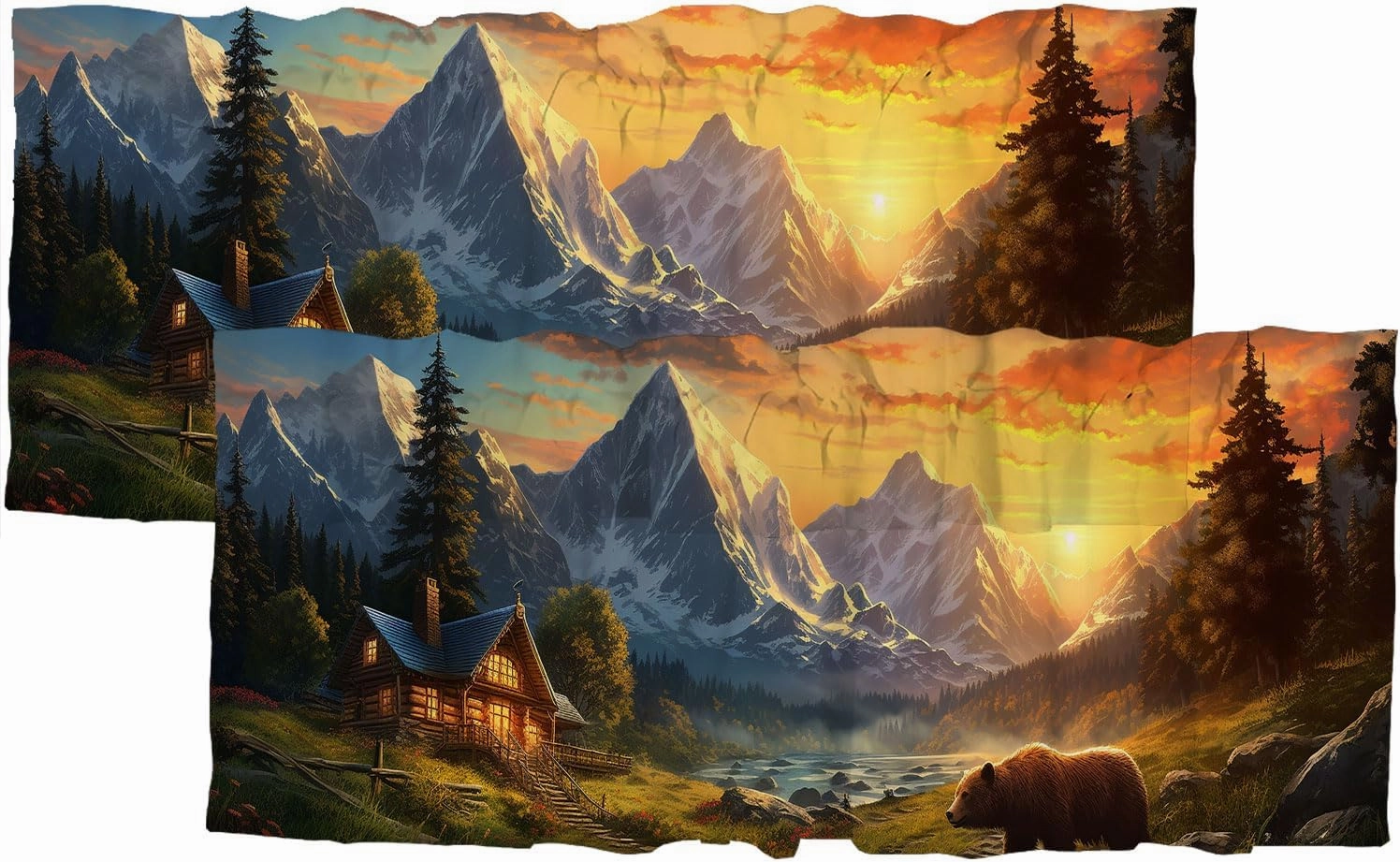 Rustic Cabin Bear Valances Curtains Farmhouse Wild Animal Country Forest Mountain Sunset Light Filtering Valances Rod Pocket Window Treatment for Kitchen 54 x 18 Inch, 2 Panel