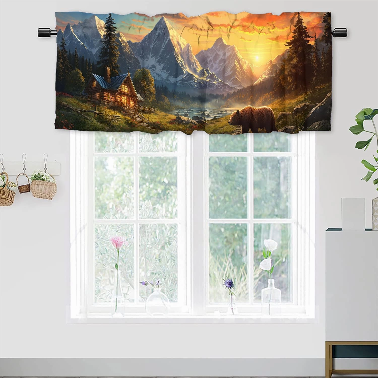 Rustic Cabin Bear Valances Curtains Farmhouse Wild Animal Country Forest Mountain Sunset Light Filtering Valances Rod Pocket Window Treatment for Kitchen 54 x 18 Inch, 2 Panel