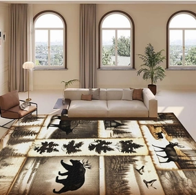 Rustic Log Cabin Area Rug,6x8ft,Retro Black Bear Deer Rug,Woods Jungle Forest Hunting Animal Rug for Indoor Bedroom Living Room Office Decor American Carpet Anti-Slip Easy to Clean