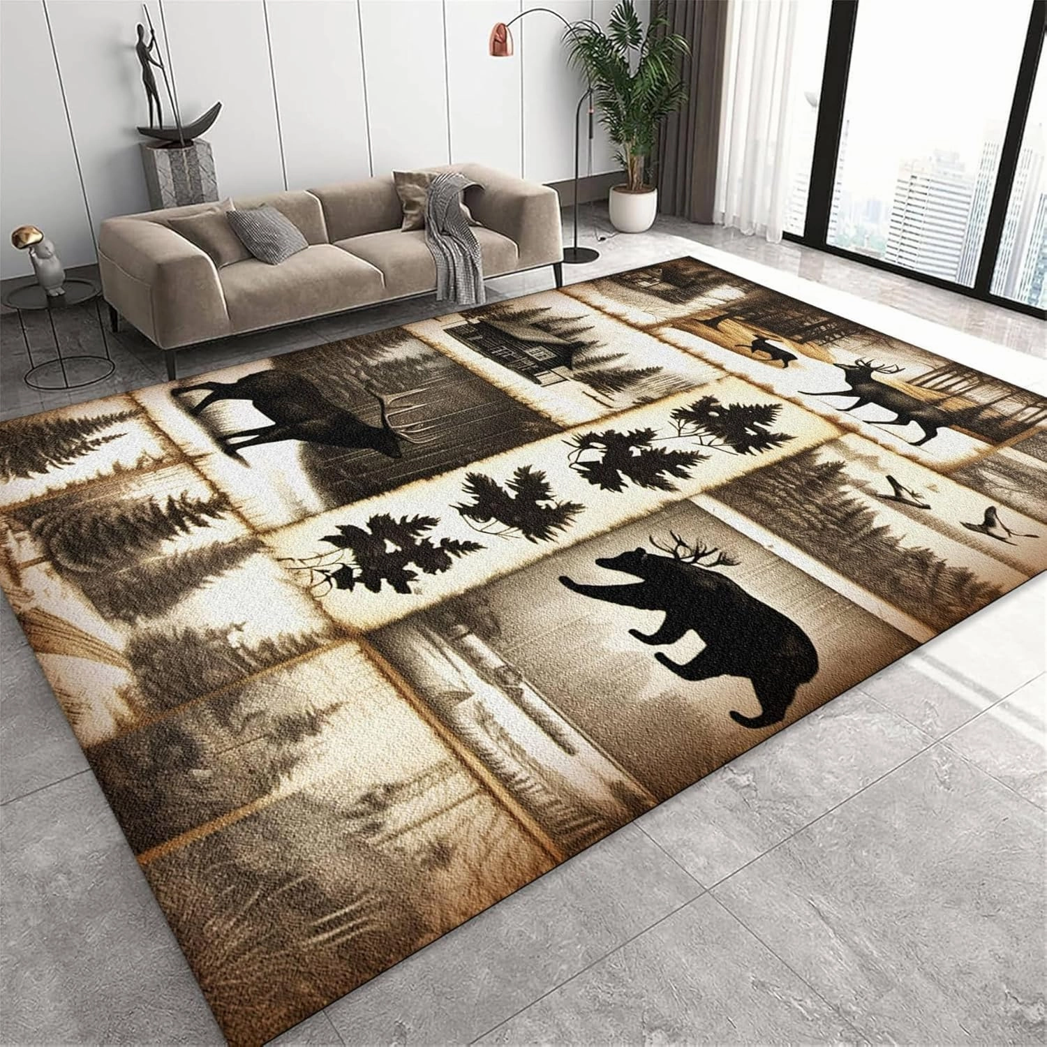 Rustic Log Cabin Area Rug,6x8ft,Retro Black Bear Deer Rug,Woods Jungle Forest Hunting Animal Rug for Indoor Bedroom Living Room Office Decor American Carpet Anti-Slip Easy to Clean
