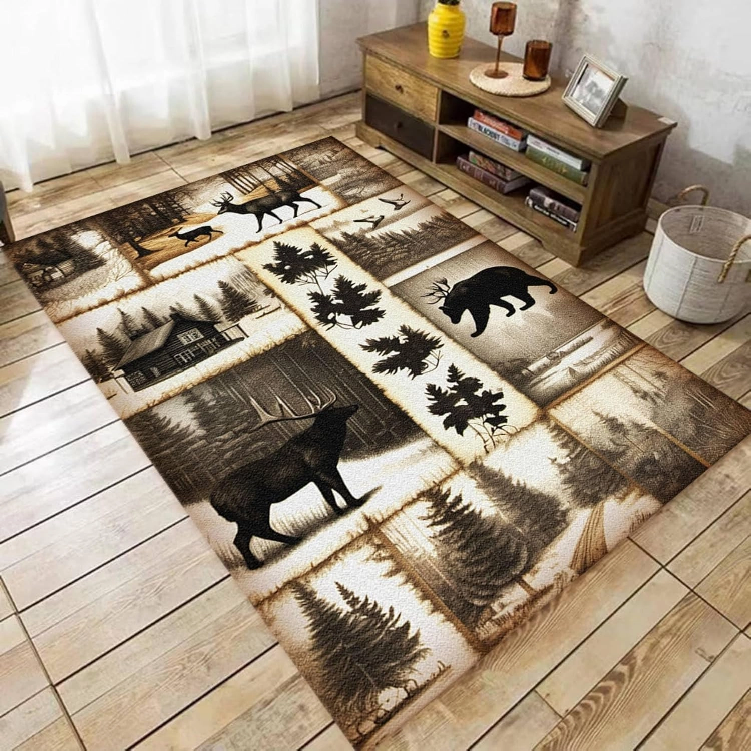 Rustic Log Cabin Area Rug,6x8ft,Retro Black Bear Deer Rug,Woods Jungle Forest Hunting Animal Rug for Indoor Bedroom Living Room Office Decor American Carpet Anti-Slip Easy to Clean