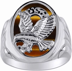 Rylos Men's 14K White Gold Patriotic Eagle USA Ring with Diamonds and Onyx, Quartz, or Tiger Eye – Designer Men's Jewelry in Sizes 8-13