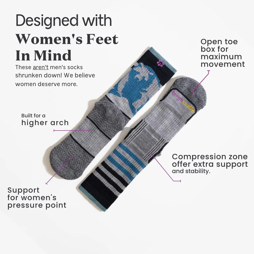 Sasha the Fierce Bear Merino Wool Hiking Socks for Women, Thick Cushion Moisture Wicking Hiker Crew Boot Socks